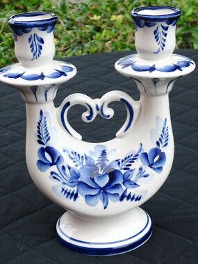Blue and White Floral Double Taper Candleholder Russian